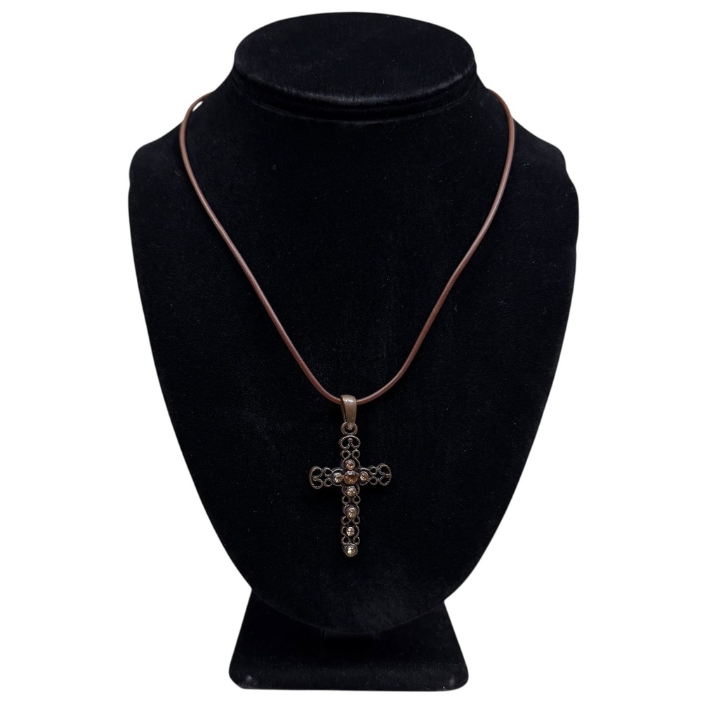Relativity Bronze Rhinestone Accent Cross Pendant Necklace Brown Cord Chain 10in